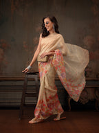 Hiral Fashion Beige Kota Doria Tissue Silk Floral Digital Print Saree | Grocsy