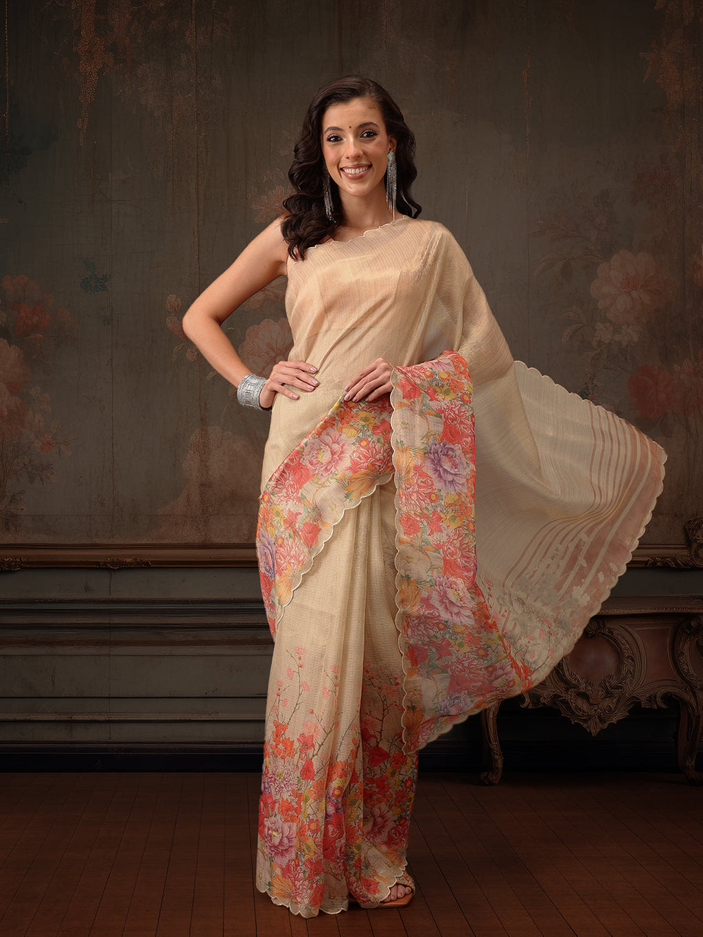 Hiral Fashion Beige Kota Doria Tissue Silk Floral Digital Print Saree | Grocsy