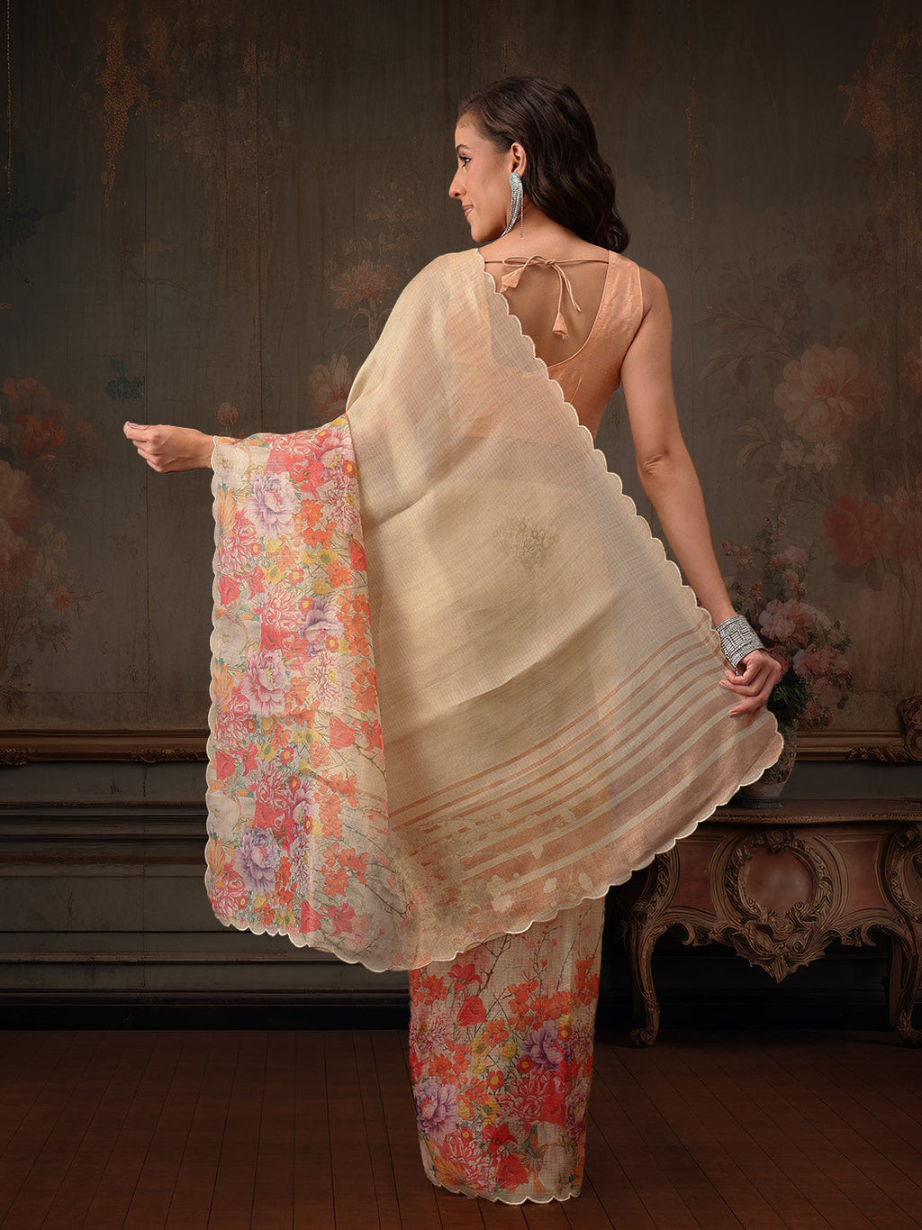 Hiral Fashion Beige Kota Doria Tissue Silk Floral Digital Print Saree | Grocsy