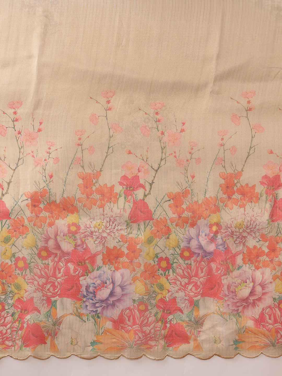Hiral Fashion Beige Kota Doria Tissue Silk Floral Digital Print Saree | Grocsy