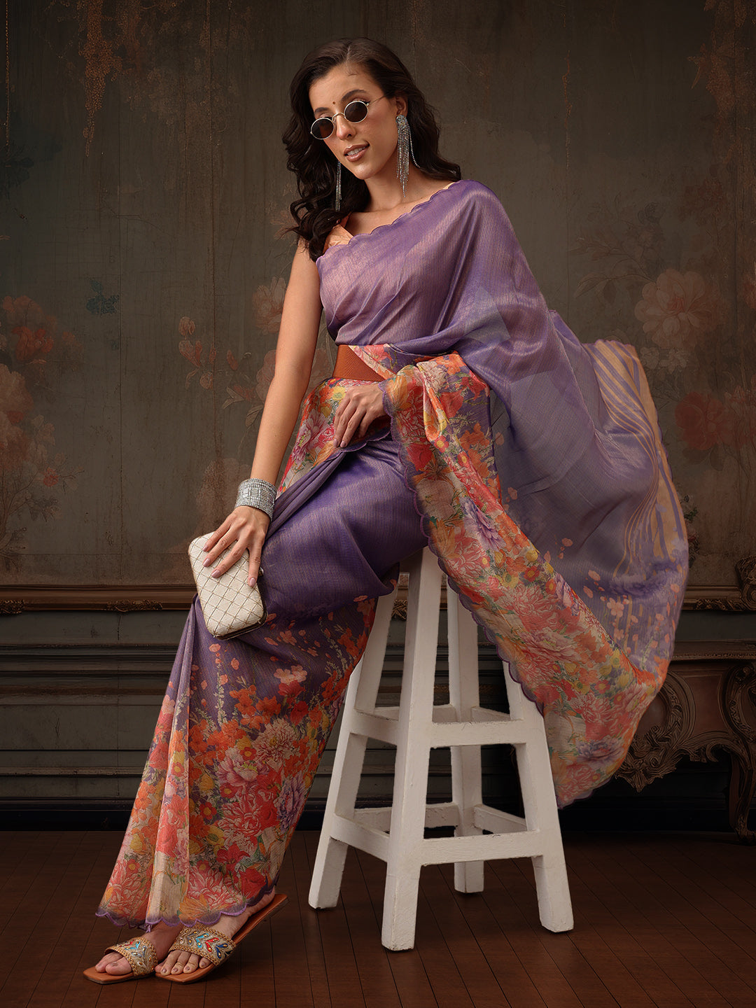 Hiral Fashion Lavender Kota Doria Tissue Silk Floral Digital Print Saree | Grocsy