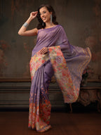 Hiral Fashion Lavender Kota Doria Tissue Silk Floral Digital Print Saree | Grocsy