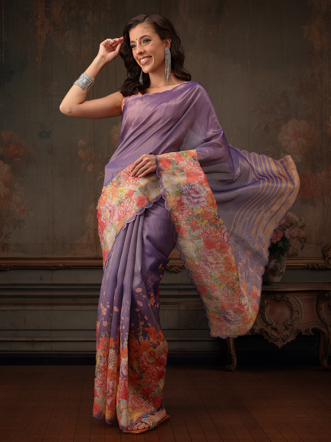 Hiral Fashion Lavender Kota Doria Tissue Silk Floral Digital Print Saree | Grocsy