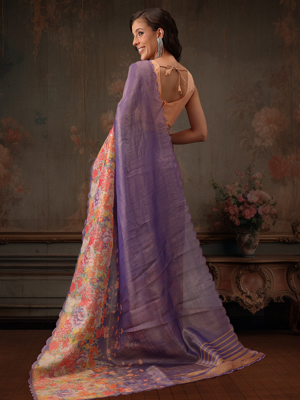 Hiral Fashion Lavender Kota Doria Tissue Silk Floral Digital Print Saree | Grocsy