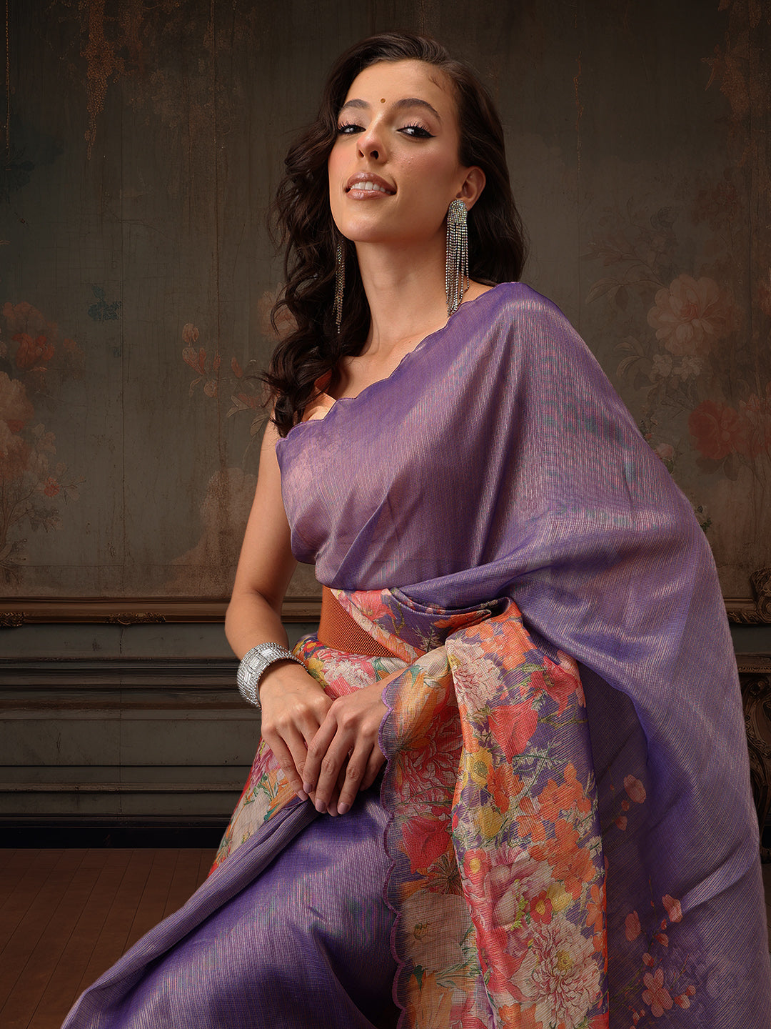 Hiral Fashion Lavender Kota Doria Tissue Silk Floral Digital Print Saree | Grocsy