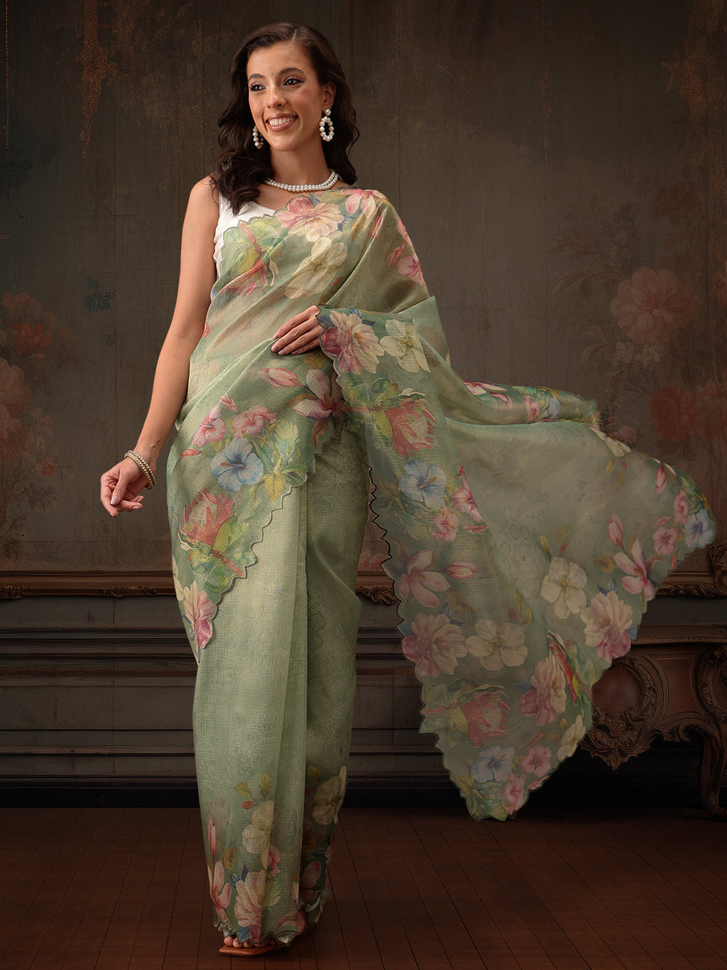 Hiral Fashion Green Kota Doria Tissue Silk Floral Digital Print Saree | Grocsy