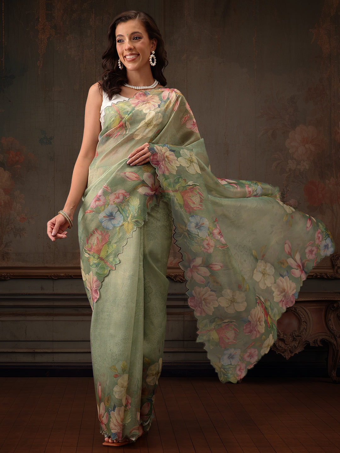 Hiral Fashion Green Kota Doria Tissue Silk Floral Digital Print Saree | Grocsy