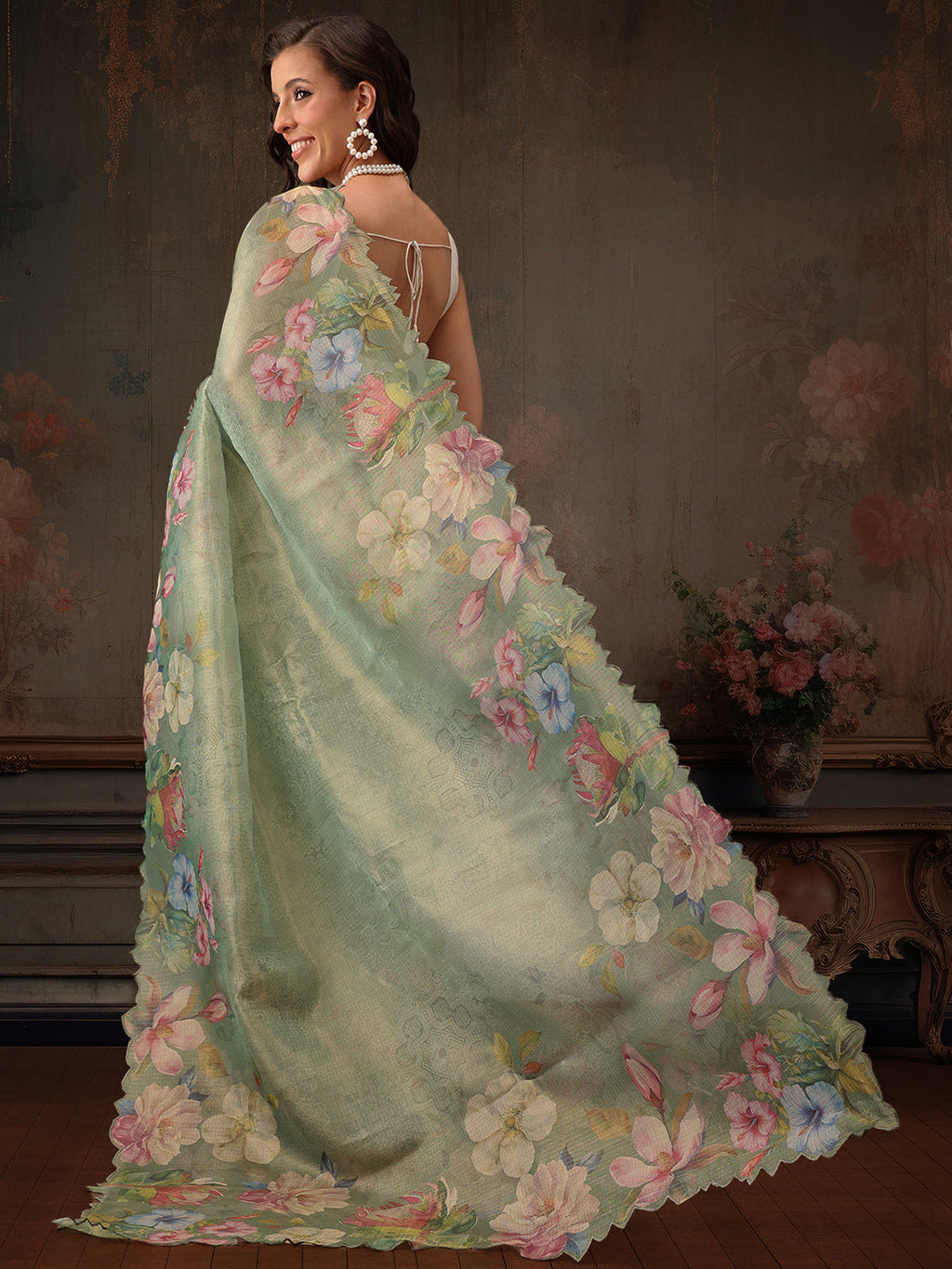 Hiral Fashion Green Kota Doria Tissue Silk Floral Digital Print Saree | Grocsy
