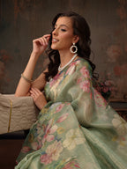 Hiral Fashion Green Kota Doria Tissue Silk Floral Digital Print Saree | Grocsy