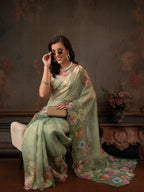 Hiral Fashion Green Kota Doria Tissue Silk Floral Digital Print Saree | Grocsy
