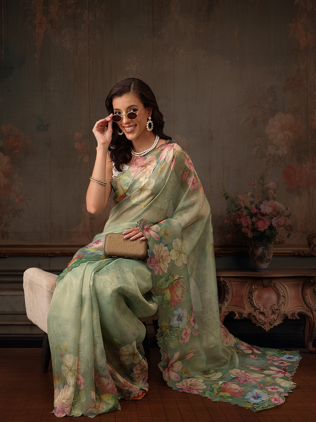 Hiral Fashion Green Kota Doria Tissue Silk Floral Digital Print Saree | Grocsy