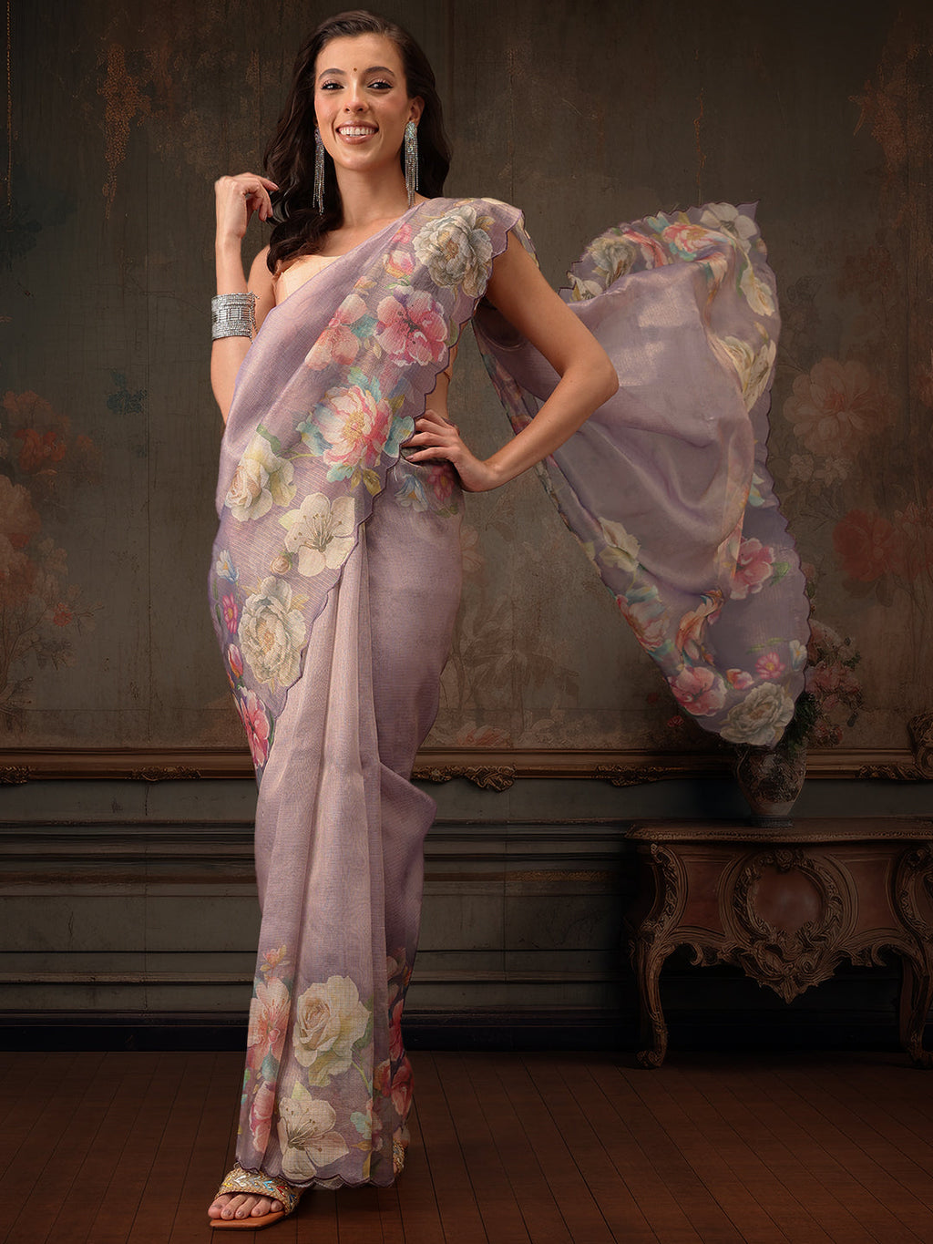 Hiral Fashion Lavender Kota Doria Tissue Silk Floral Digital Print Saree | Grocsy