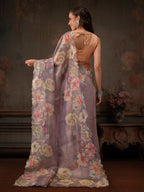 Hiral Fashion Lavender Kota Doria Tissue Silk Floral Digital Print Saree | Grocsy