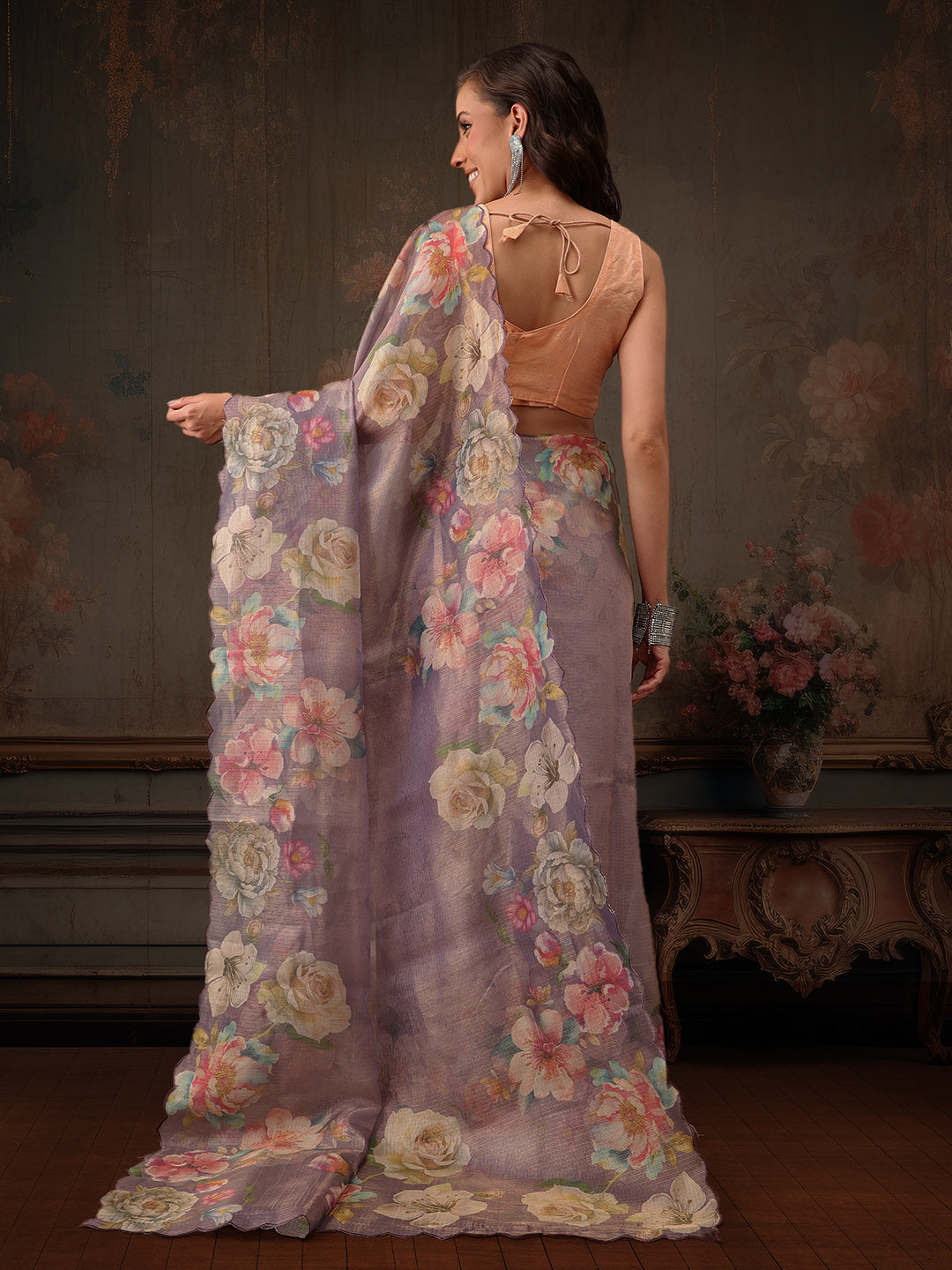 Hiral Fashion Lavender Kota Doria Tissue Silk Floral Digital Print Saree | Grocsy