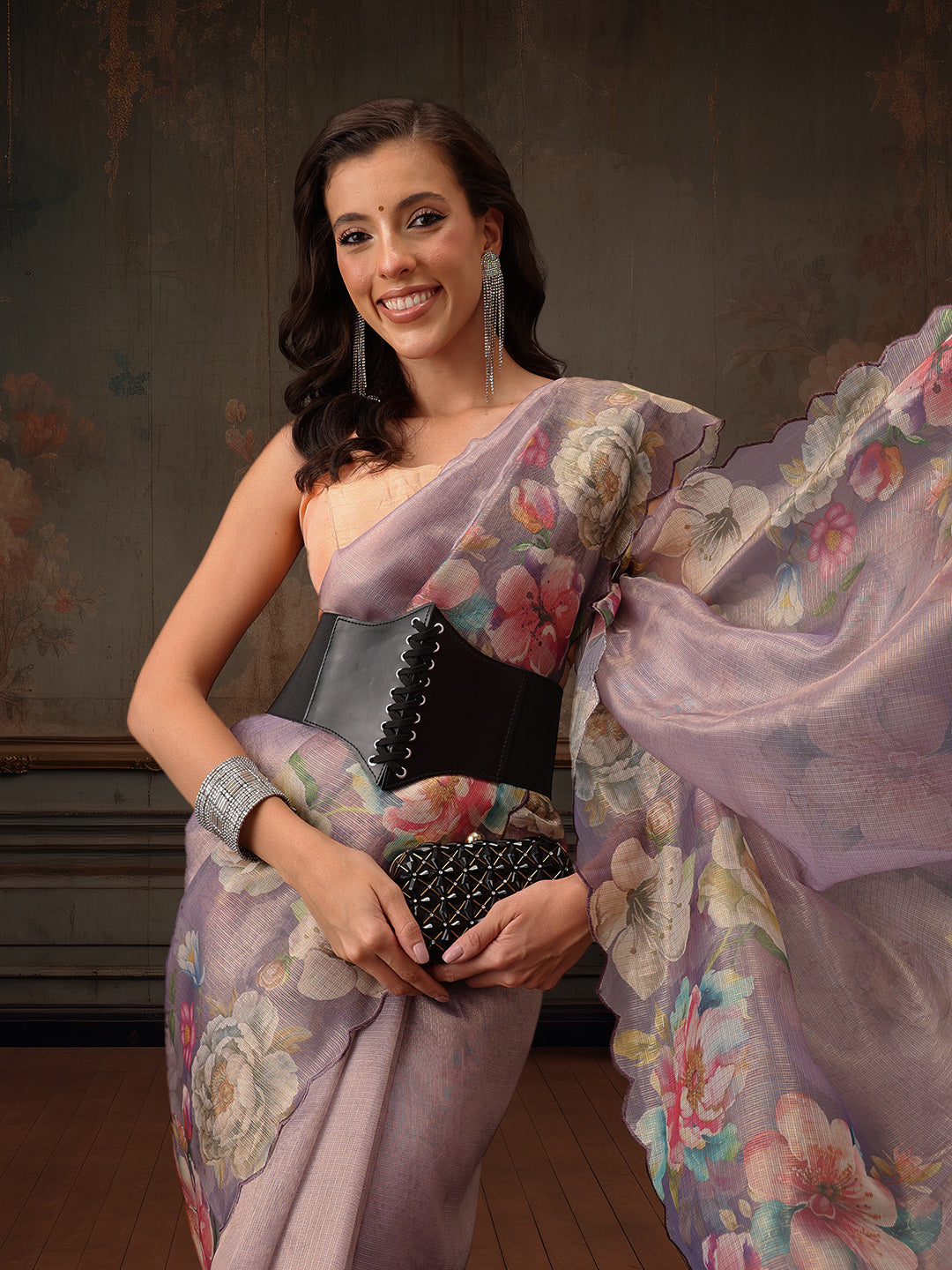 Hiral Fashion Lavender Kota Doria Tissue Silk Floral Digital Print Saree | Grocsy