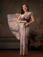 Hiral Fashion Lavender Kota Doria Tissue Silk Floral Digital Print Saree | Grocsy