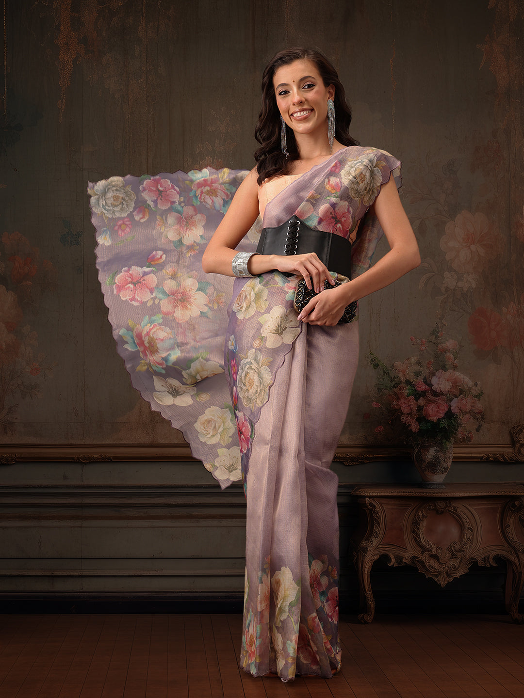 Hiral Fashion Lavender Kota Doria Tissue Silk Floral Digital Print Saree | Grocsy