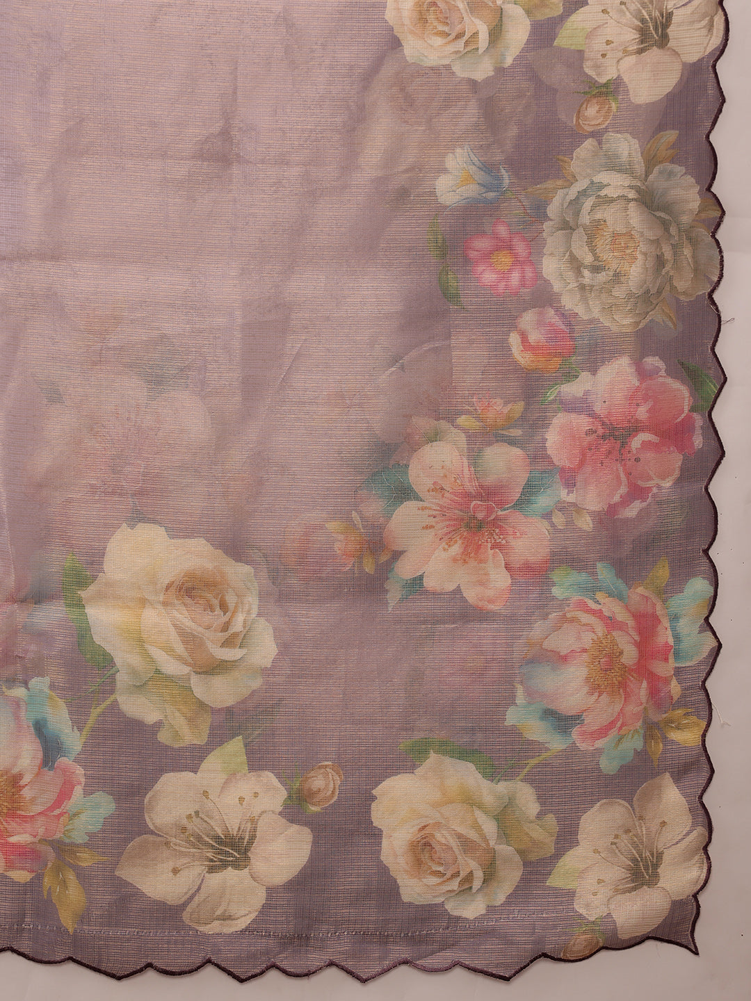 Hiral Fashion Lavender Kota Doria Tissue Silk Floral Digital Print Saree | Grocsy