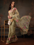 Hiral Fashion Olive Kota Doria Tissue Silk Floral Digital Print Saree | Grocsy