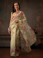 Hiral Fashion Olive Kota Doria Tissue Silk Floral Digital Print Saree | Grocsy