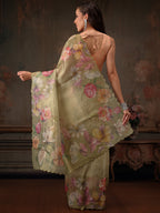 Hiral Fashion Olive Kota Doria Tissue Silk Floral Digital Print Saree | Grocsy