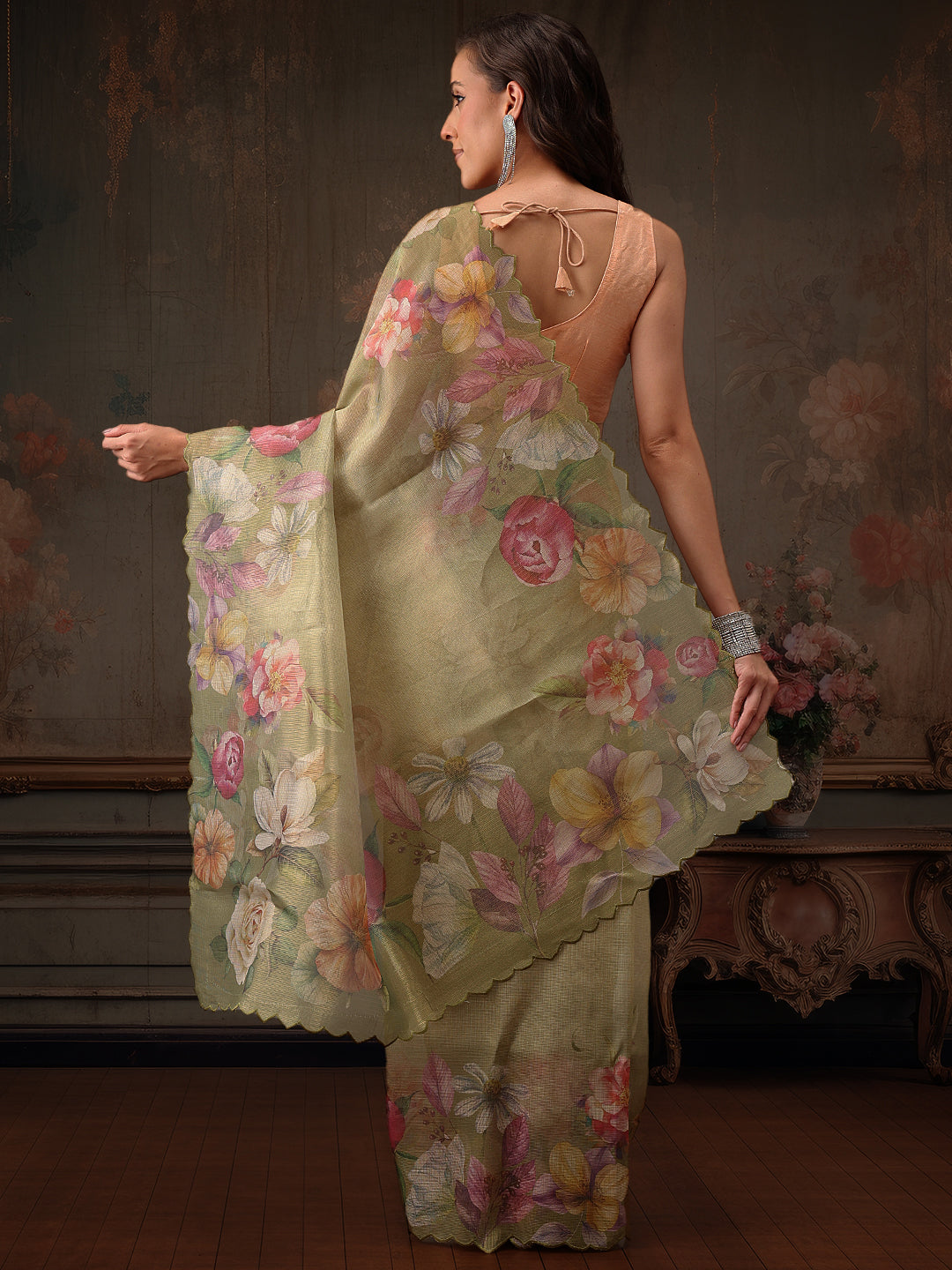 Hiral Fashion Olive Kota Doria Tissue Silk Floral Digital Print Saree | Grocsy