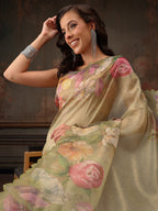 Hiral Fashion Olive Kota Doria Tissue Silk Floral Digital Print Saree | Grocsy