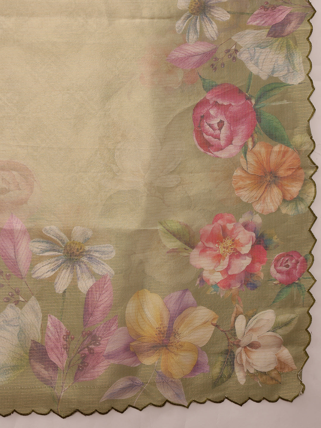 Hiral Fashion Olive Kota Doria Tissue Silk Floral Digital Print Saree | Grocsy