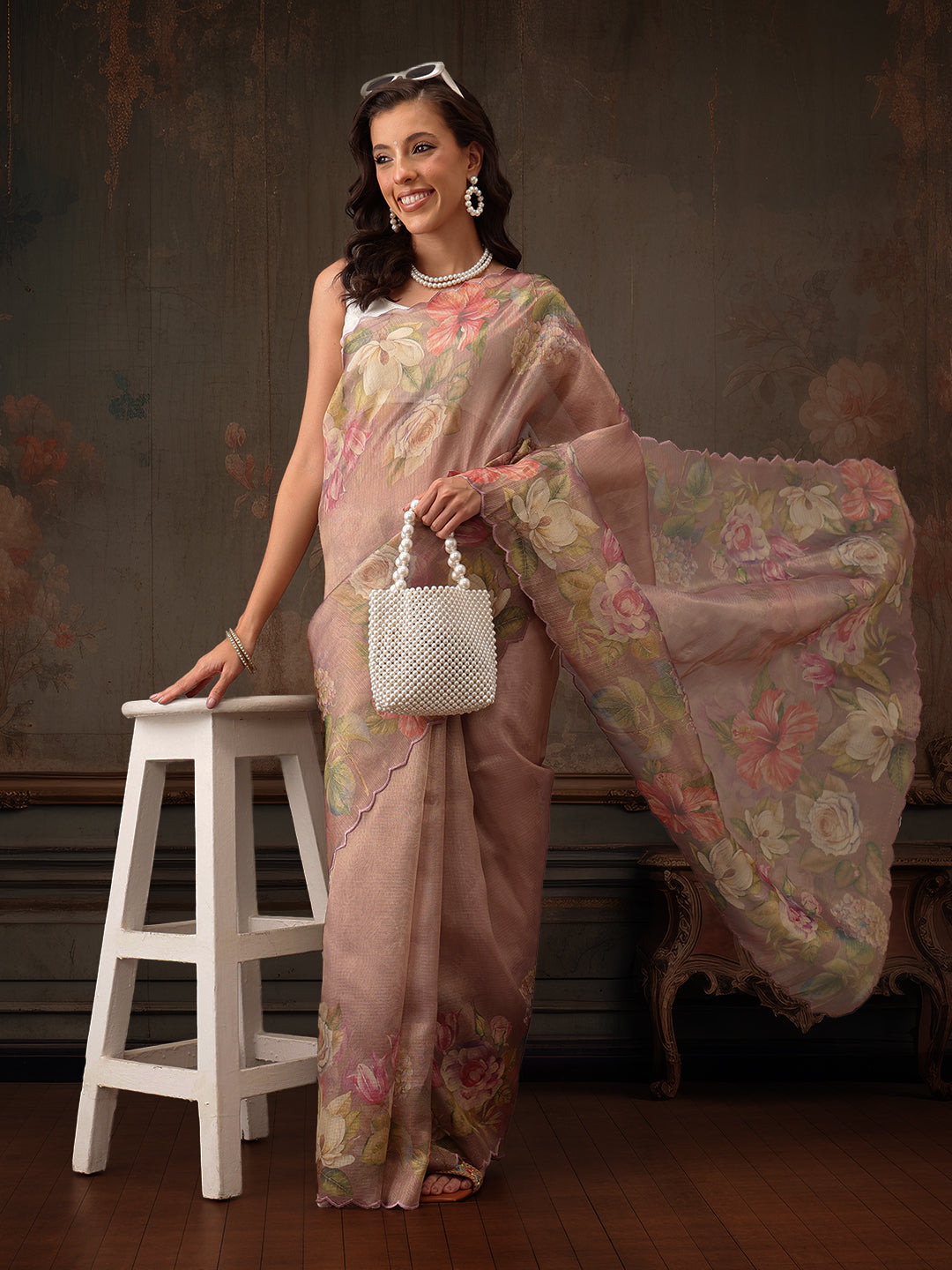 Hiral Fashion Peach Kota Doria Tissue Silk Floral Digital Print Saree | Grocsy