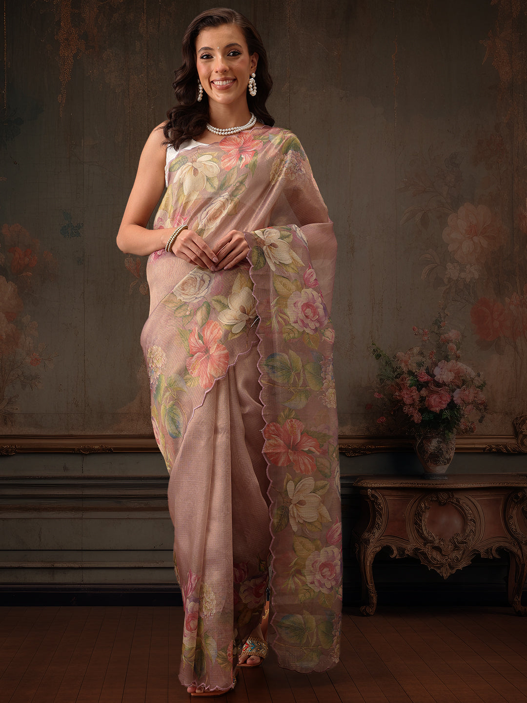 Hiral Fashion Peach Kota Doria Tissue Silk Floral Digital Print Saree | Grocsy