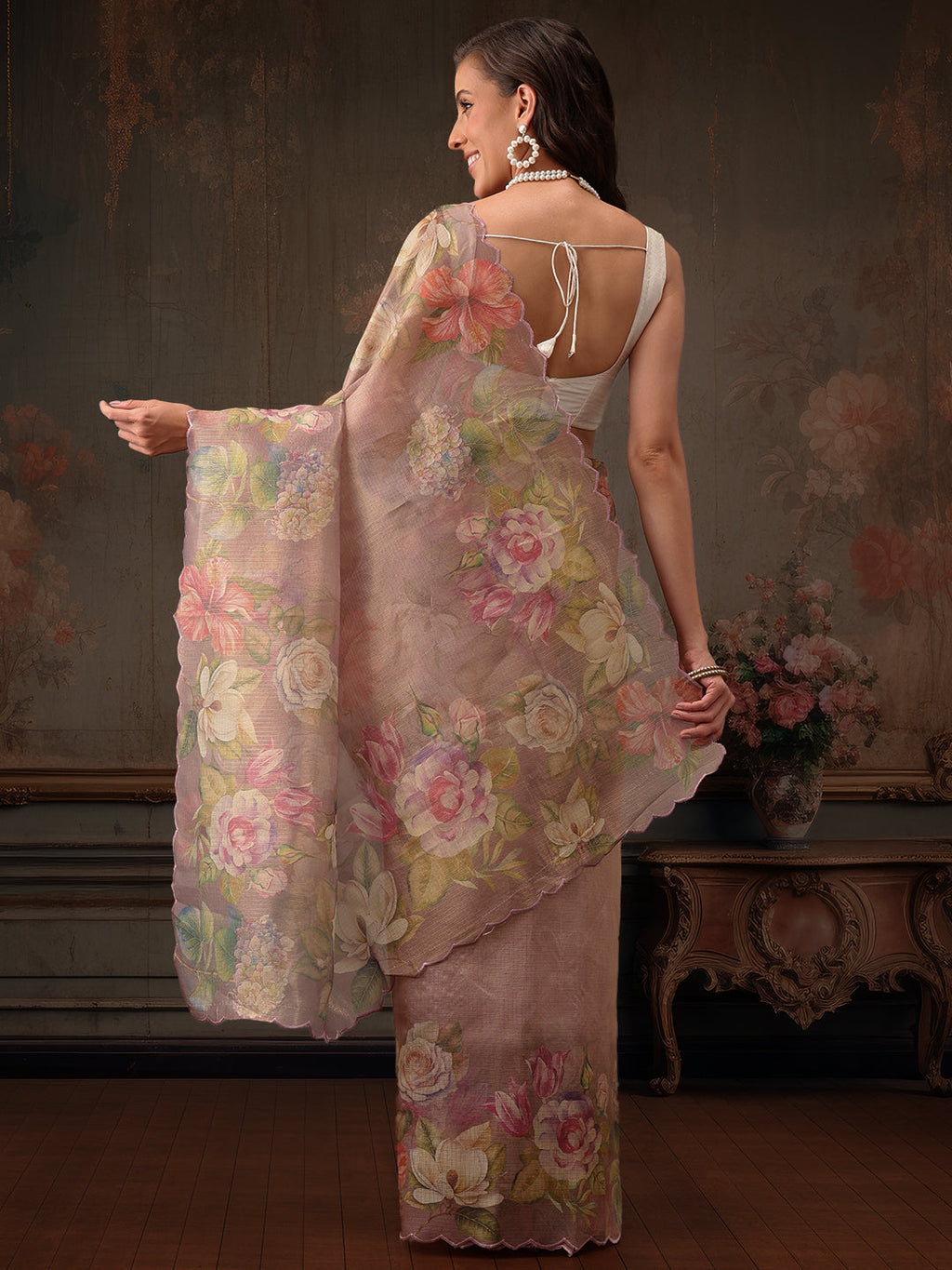 Hiral Fashion Peach Kota Doria Tissue Silk Floral Digital Print Saree | Grocsy