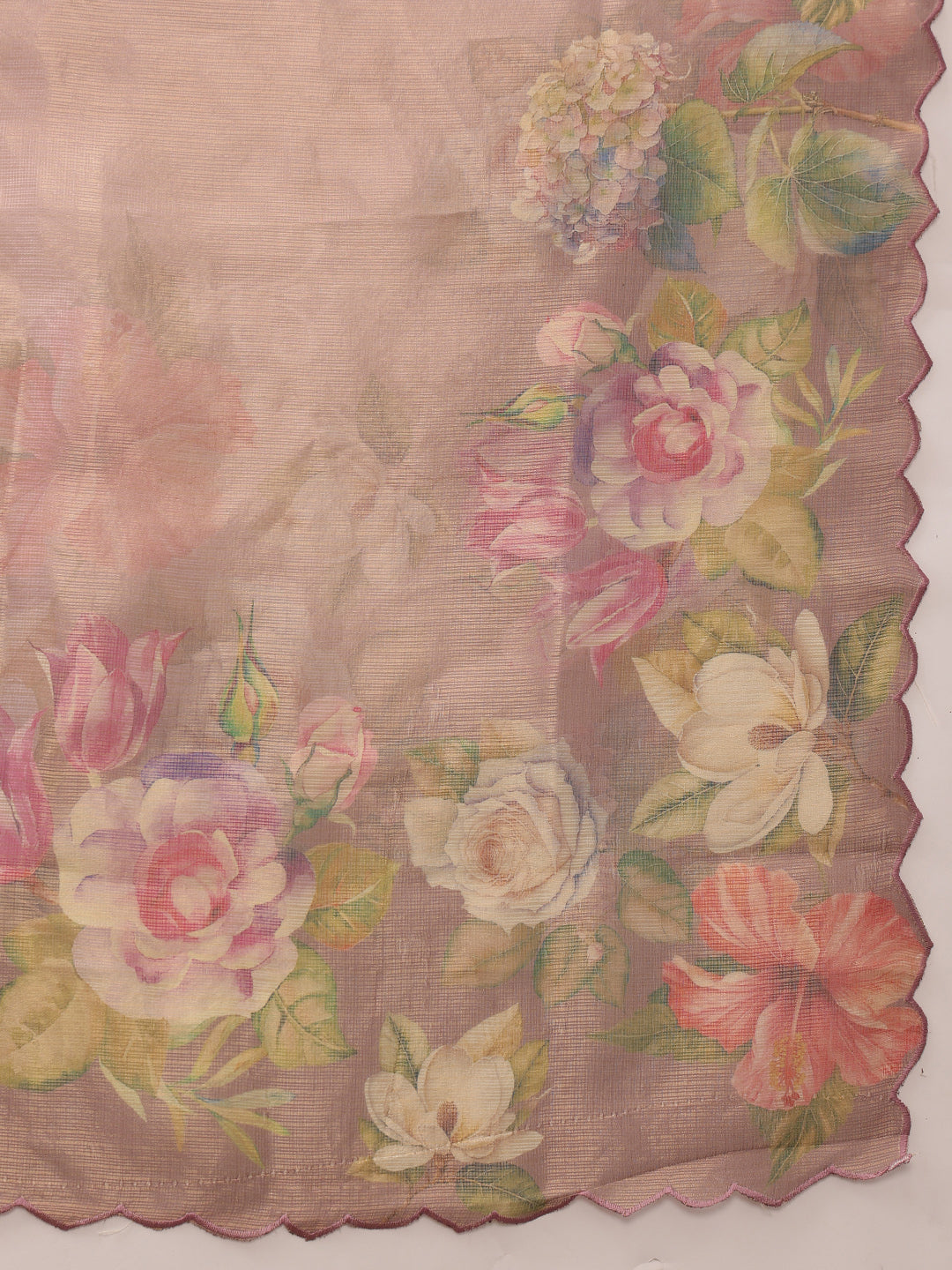 Hiral Fashion Peach Kota Doria Tissue Silk Floral Digital Print Saree | Grocsy