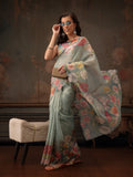 Hiral Fashion Teal Kota Doria Tissue Silk Floral Digital Print Saree | Grocsy
