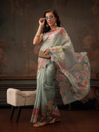 Hiral Fashion Teal Kota Doria Tissue Silk Floral Digital Print Saree | Grocsy