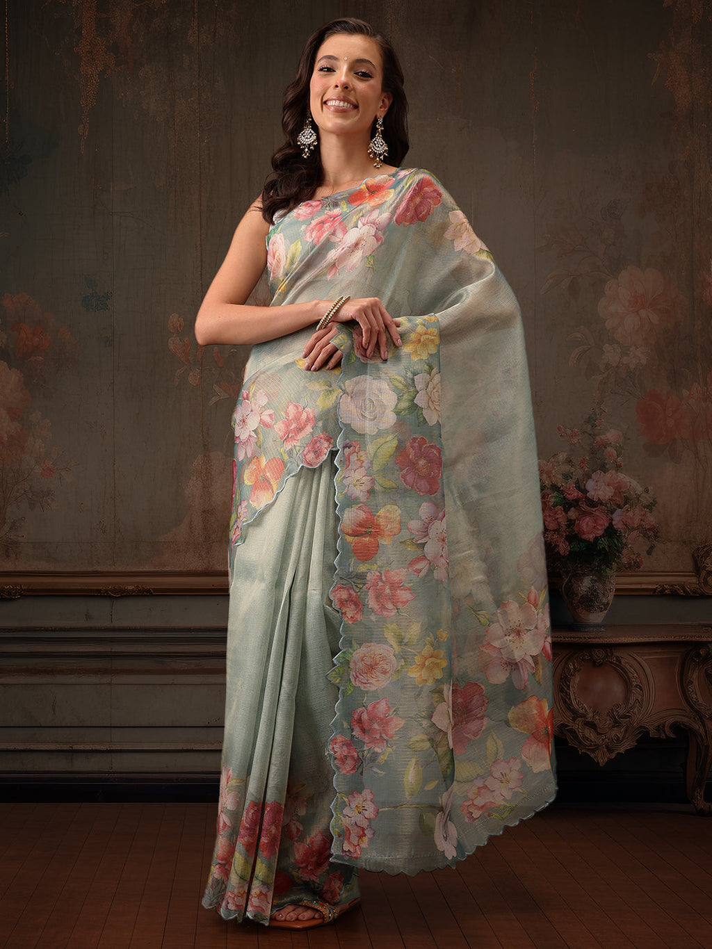 Hiral Fashion Teal Kota Doria Tissue Silk Floral Digital Print Saree | Grocsy