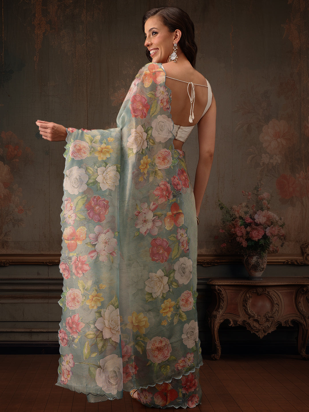Hiral Fashion Teal Kota Doria Tissue Silk Floral Digital Print Saree | Grocsy