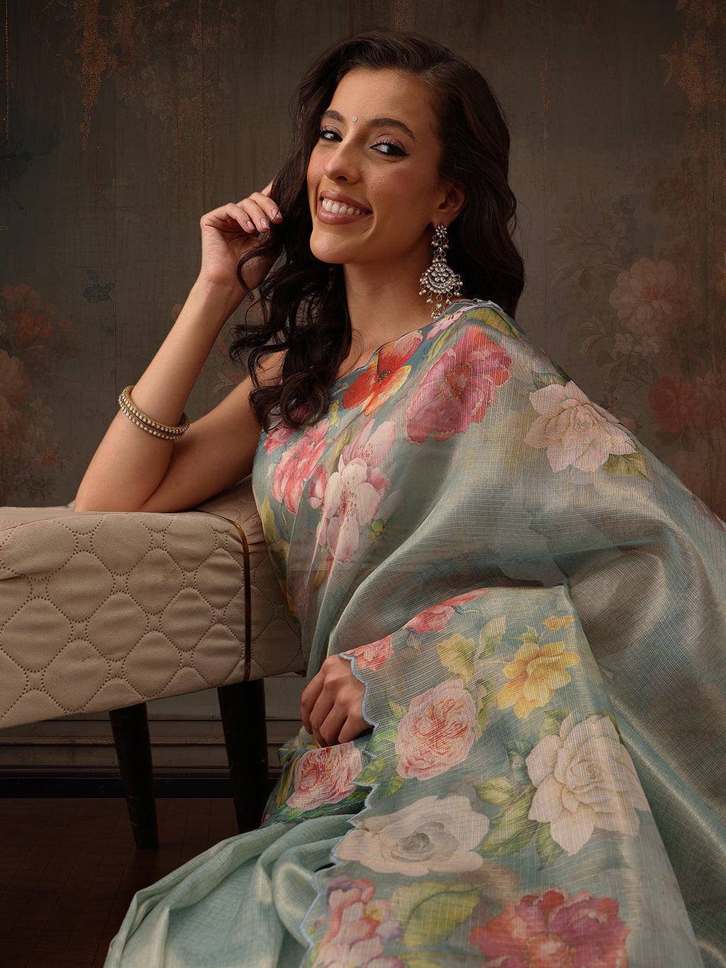 Hiral Fashion Teal Kota Doria Tissue Silk Floral Digital Print Saree | Grocsy