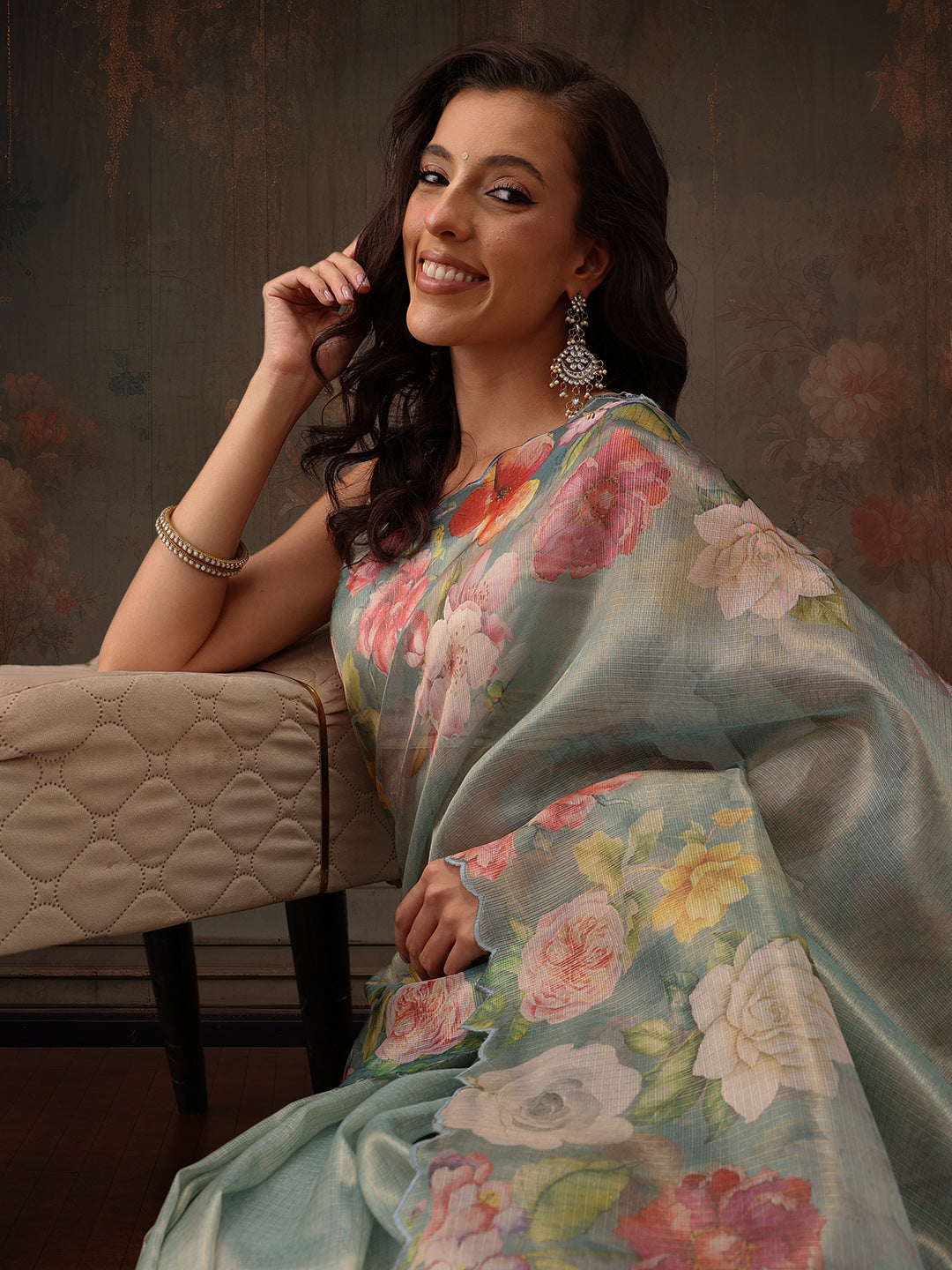 Hiral Fashion Teal Kota Doria Tissue Silk Floral Digital Print Saree | Grocsy