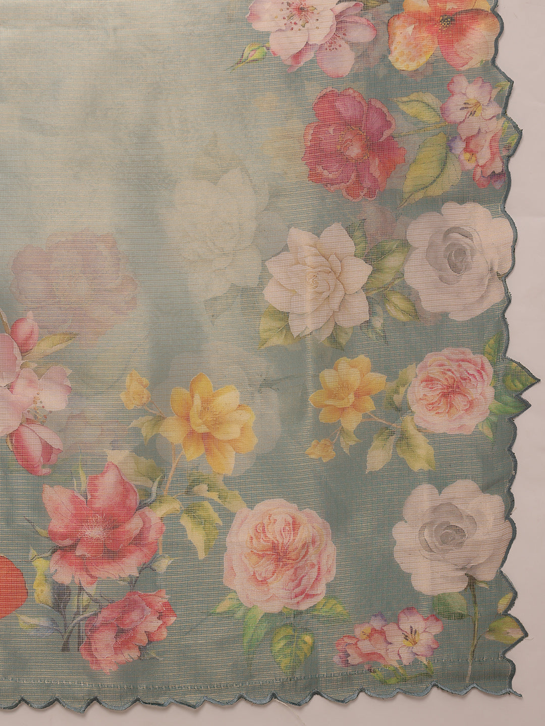Hiral Fashion Teal Kota Doria Tissue Silk Floral Digital Print Saree | Grocsy