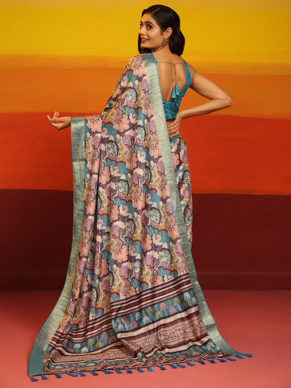 Turquoise Silk Blend Woven Zari Design Floral Saree with Unstitched Blouse - Hiral Fashion | Grocsy