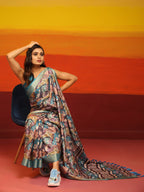 Turquoise Silk Blend Woven Zari Design Floral Saree with Unstitched Blouse - Hiral Fashion | Grocsy