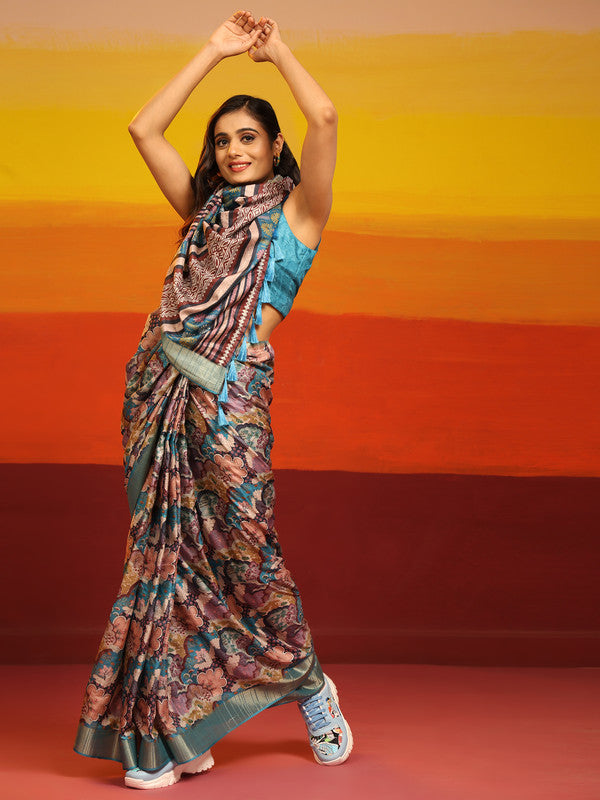 Turquoise Silk Blend Woven Zari Design Floral Saree with Unstitched Blouse - Hiral Fashion | Grocsy