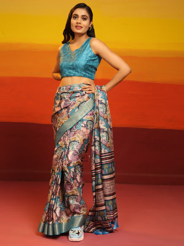 Turquoise Silk Blend Woven Zari Design Floral Saree with Unstitched Blouse - Hiral Fashion | Grocsy