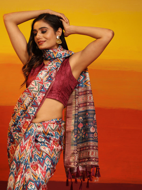 Pink Silk Blend Woven Zari Design Striped Saree with Unstitched Blouse - Hiral Fashion | Grocsy