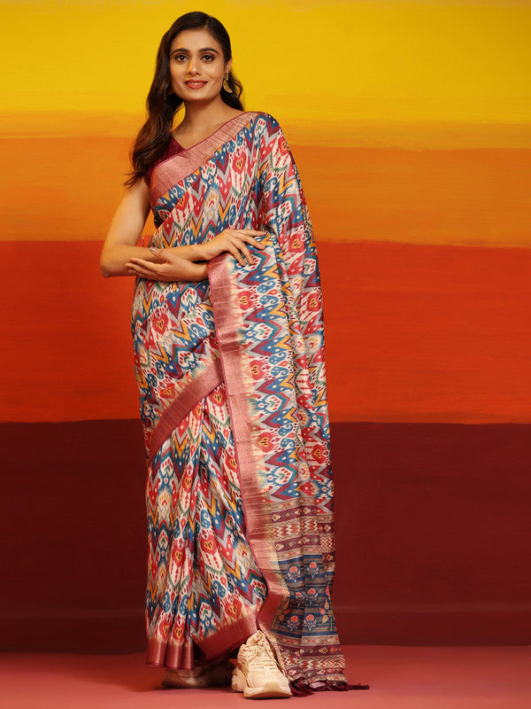 Pink Silk Blend Woven Zari Design Striped Saree with Unstitched Blouse - Hiral Fashion | Grocsy