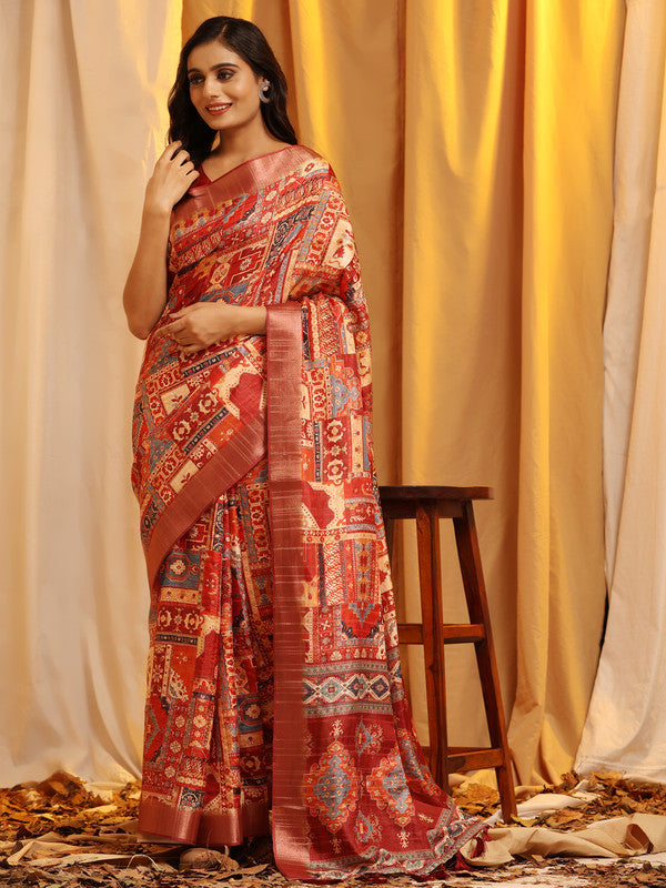 Cream Silk Blend Woven Zari Design Ethnic Motifs Saree with Unstitched Blouse - Hiral Fashion | Grocsy