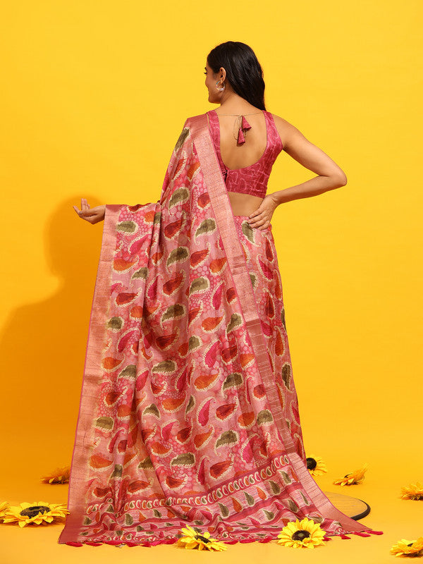 Green Silk Blend Woven Zari Design Paisley Saree with Unstitched Blouse - Hiral Fashion | Grocsy