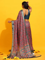 Red Silk Blend Woven Zari Design Geomatric Saree with Unstitched Blouse - Hiral Fashion | Grocsy
