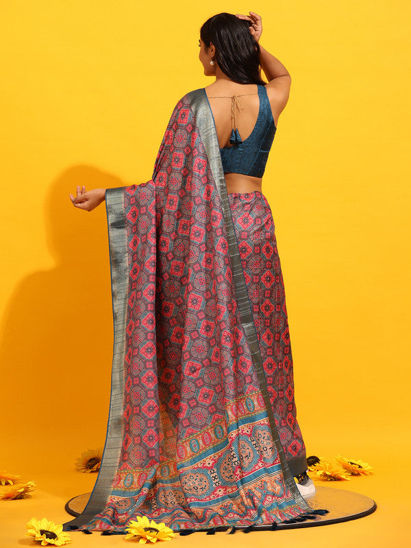 Red Silk Blend Woven Zari Design Geomatric Saree with Unstitched Blouse - Hiral Fashion | Grocsy