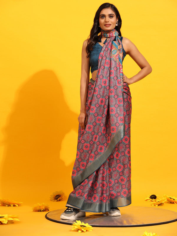 Red Silk Blend Woven Zari Design Geomatric Saree with Unstitched Blouse - Hiral Fashion | Grocsy
